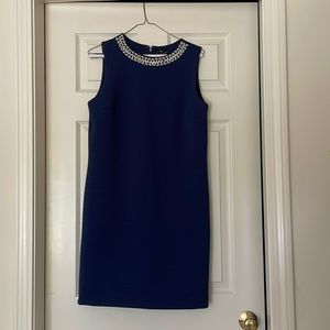 Navy blue shift dress with jeweled neckline
